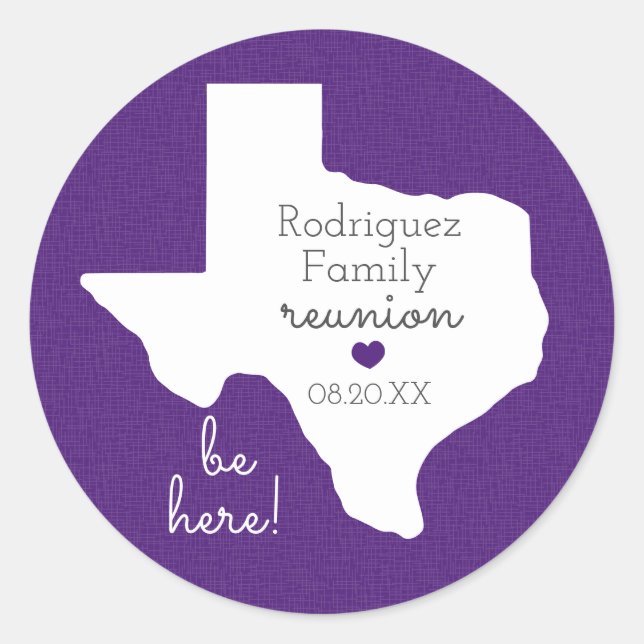Purple State of Texas Family Reunion Classic Round Sticker (Front)