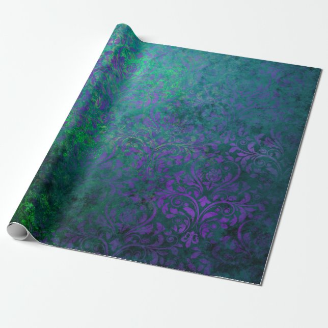 Purple Stencil Flowers on Green Wrapping Paper (Unrolled)