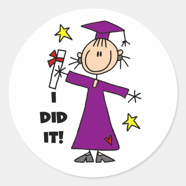 Purple Stick Figure Girl Graduate Classic Round Sticker (Front)