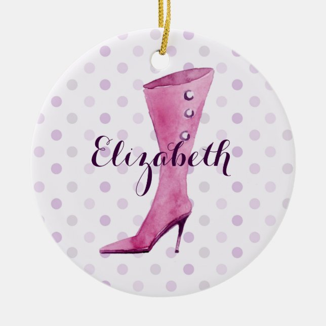 Purple stiletto heel boot personalised ceramic tree decoration (Front)
