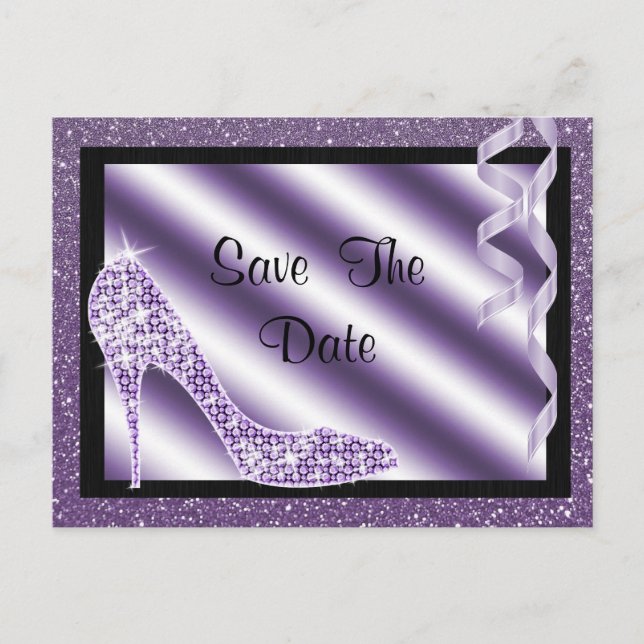 Purple Stiletto & Streamers Quinceañera Announcement Postcard (Front)