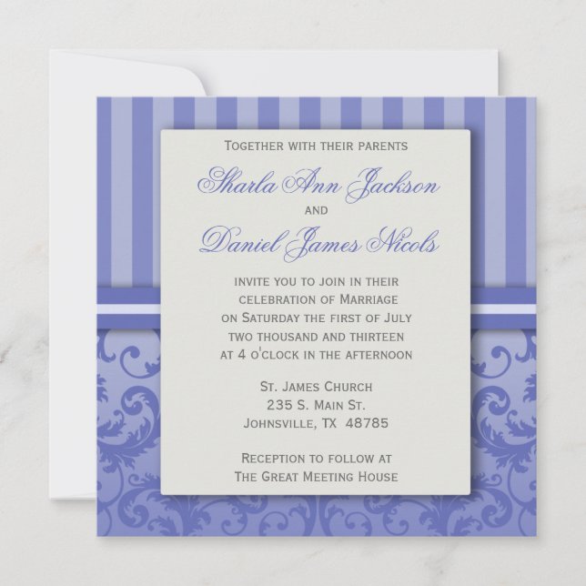 Purple Stiped Damask Wedding Invitation (Front)