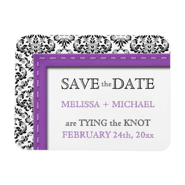 Purple Stitched Damask flat Save the Date Magnet (Horizontal)