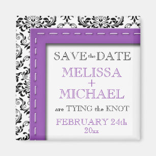 Purple Stitched Damask Save the Date Magnet