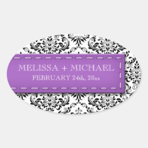 Purple Stitched Damask Wedding Large Favour Oval Sticker
