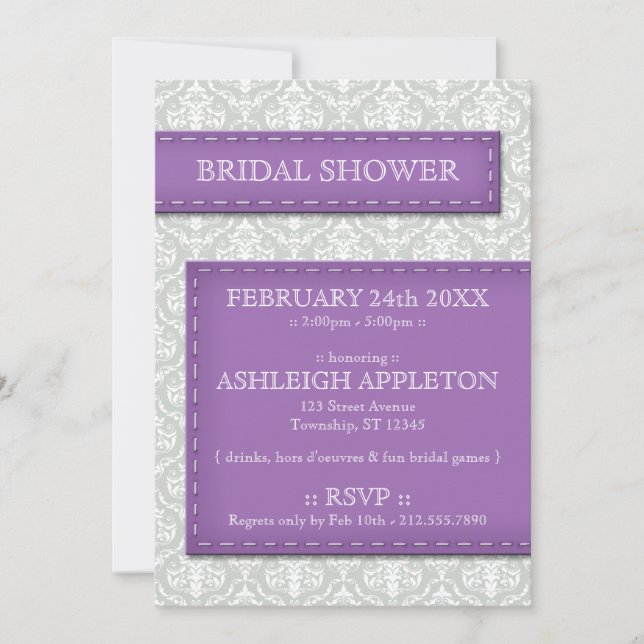 Purple Stitched Grey Damask Bridal Shower Invitation (Front)