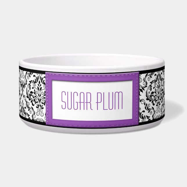 Purple Stitched Label Design Damask Dog Bowl (Front)