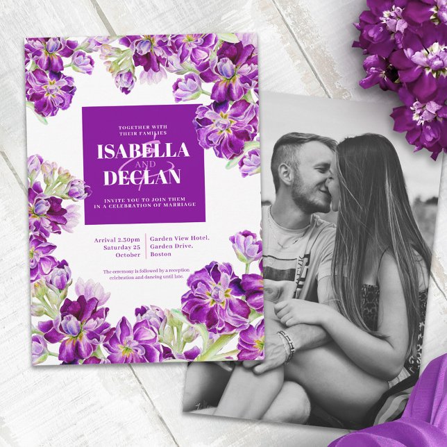 Purple stock floral flowers watercolor wedding invitation (Creator Uploaded)