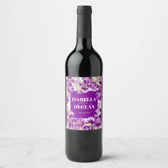 Purple stock flower watercolor floral wedding wine label (Front)