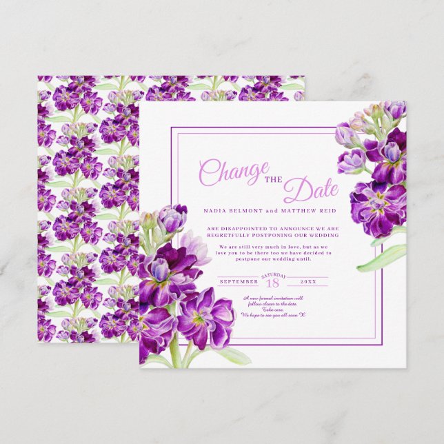 Purple stock flowers art wedding change the date invitation (Front/Back)