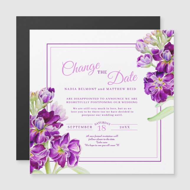 Purple stock flowers art wedding change the date magnetic invitation (Front/Back)
