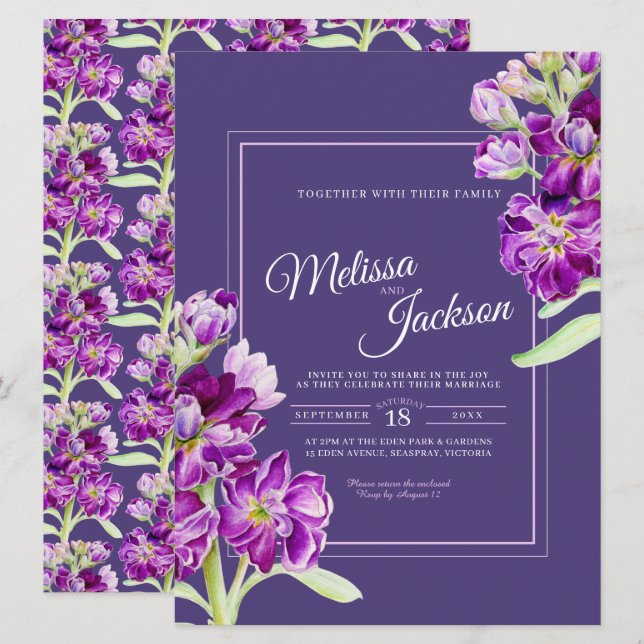 Purple stock flowers watercolor art wedding invitation (Front/Back)