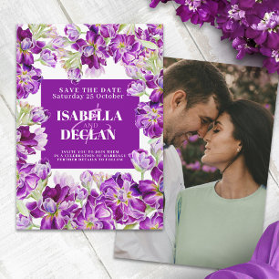 Purple stock flowers wedding save the date photo