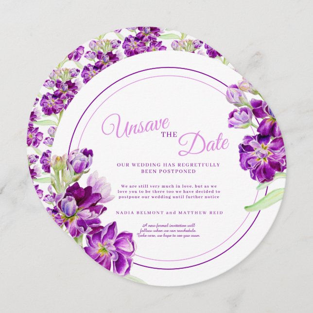 Purple stock flowers wedding unsave the date round invitation (Front/Back)