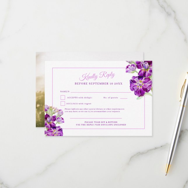Purple stock watercolor wedding Photo RSVP Card (Front/Back In Situ)