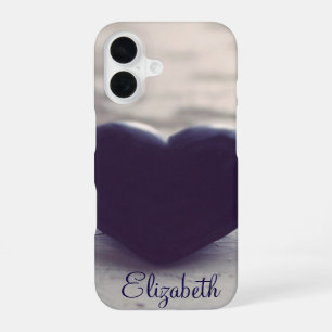 Purple Stone Heart on a Wet Beach Personalised iPhone 16 Case