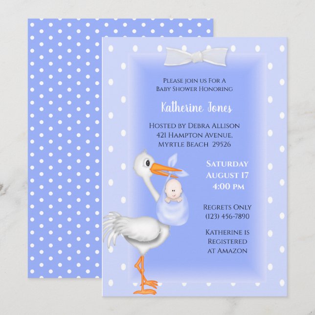 Purple Stork and Baby Boy Shower Invitations (Front/Back)