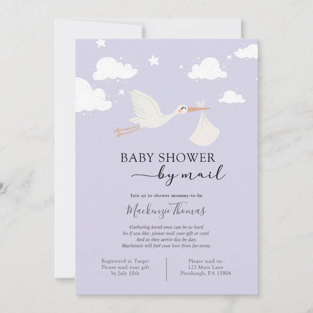 Purple Stork Baby Shower by Mail Invitation (Front)