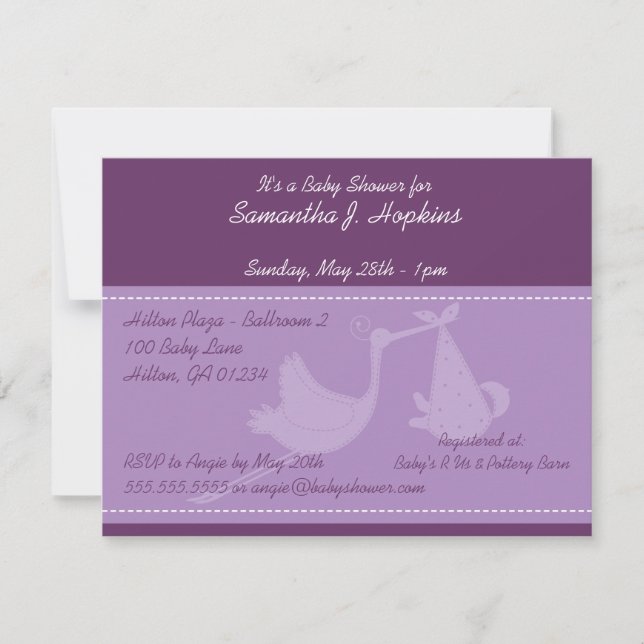 Purple Stork Baby Shower Invitation Cards (Front)