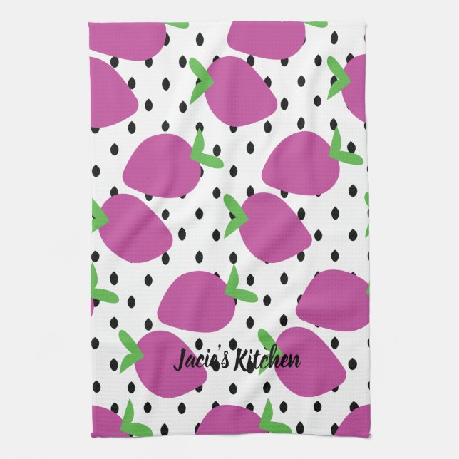 Purple Strawberry Black Seeds Fruit Pattern Tea Towel (Vertical)