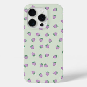 Purple Strawberry Pattern on Green Background iPhone 15 Pro Case