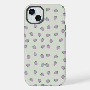 Purple Strawberry Pattern on Green Background iPhone 15 Plus Case