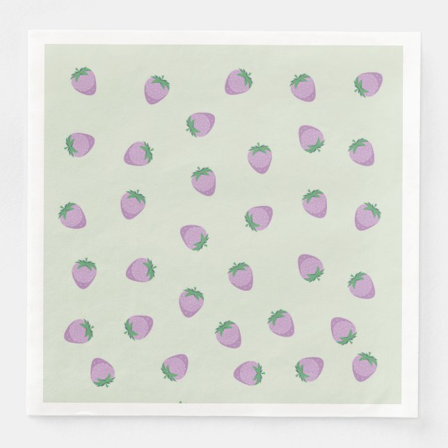 Purple Strawberry Pattern on Green Background Napkin (Front)