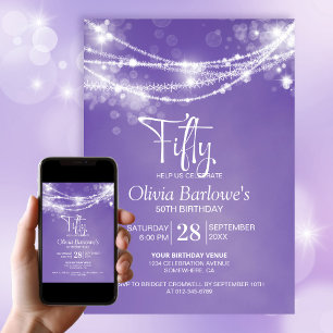 Purple String Lights 50th Birthday Party Invitation