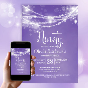 Purple String Lights 90th Birthday Party Invitation