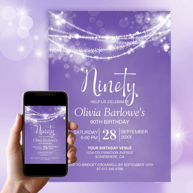 Purple String Lights 90th Birthday Party Invitation (Creator Uploaded)