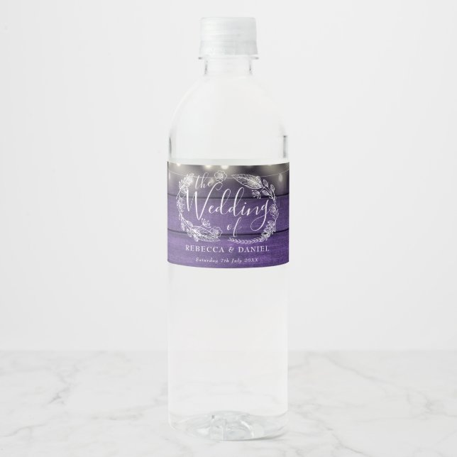 Purple String Lights Floral Rustic Wood Wedding Water Bottle Label (Front)
