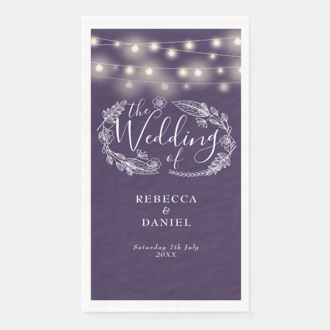Purple String Lights Floral Script Wedding Napkin (Front)