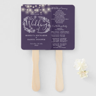 Purple String Lights Floral Wedding Program Hand Fan