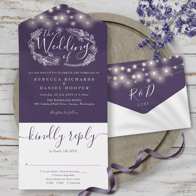 Purple String Lights Foliage Floral Wedding All In One Invitation (Purple String Lights Foliage Floral Wedding All In One Invitation)