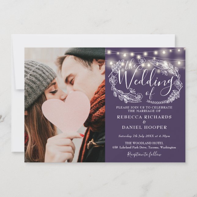 Purple String Lights Photo All In One Wedding Invitation (Front)