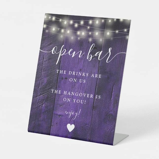 Purple String Lights Rustic Barn Wood Open Bar Pedestal Sign (Front)