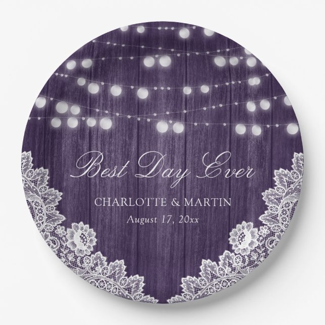 Purple String Lights Rustic Wood Lace Wedding Paper Plate (Front)