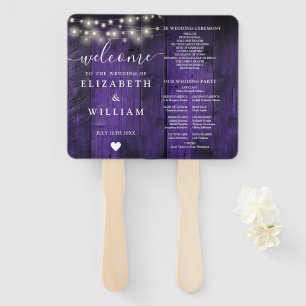 Purple String Lights Rustic Wood Wedding Program Hand Fan