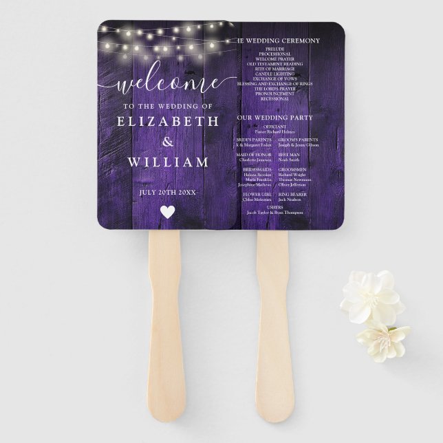 Purple String Lights Rustic Wood Wedding Program Hand Fan (Front and Back)