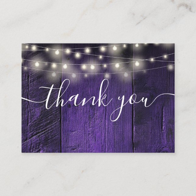 Purple String Lights Rustic Wood Wedding Thank You Place Card (Front)
