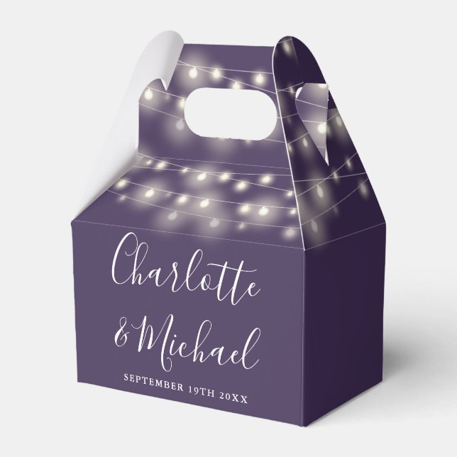 Purple String Lights Signature Script Wedding Favour Box (Front Side)