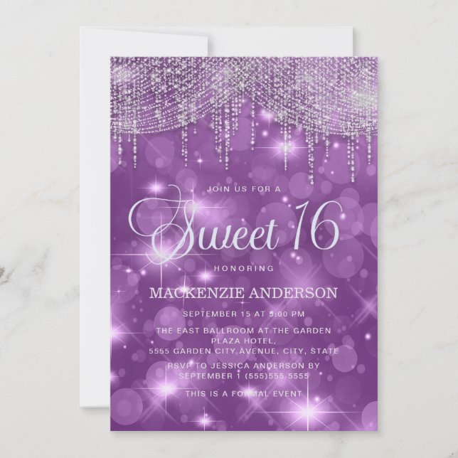 Purple String Lights Sparkle Bokeh Glam Sweet 16 Invitation (Front)