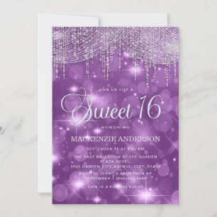 Purple String Lights Sparkle Bokeh Sweet 16 Invitation