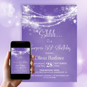Purple String Lights Surprise 55th Birthday Party Invitation
