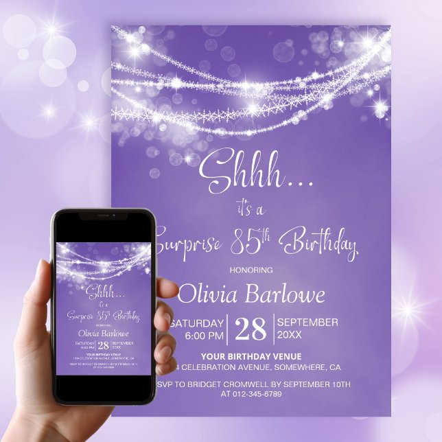 Purple String Lights Surprise 85th Birthday Party Invitation (Creator Uploaded)