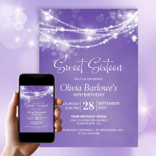 Purple String Lights Sweet Sixteen Birthday Party Invitation