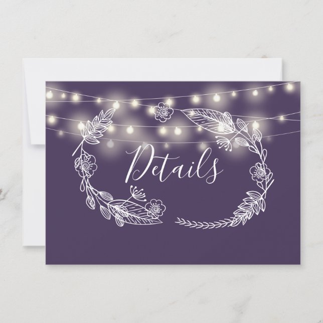 Purple String Lights Wedding Details Card (Front)