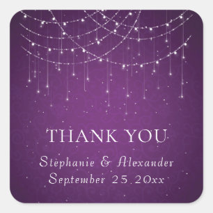Purple String Lights Wedding Name Thank You Square Sticker