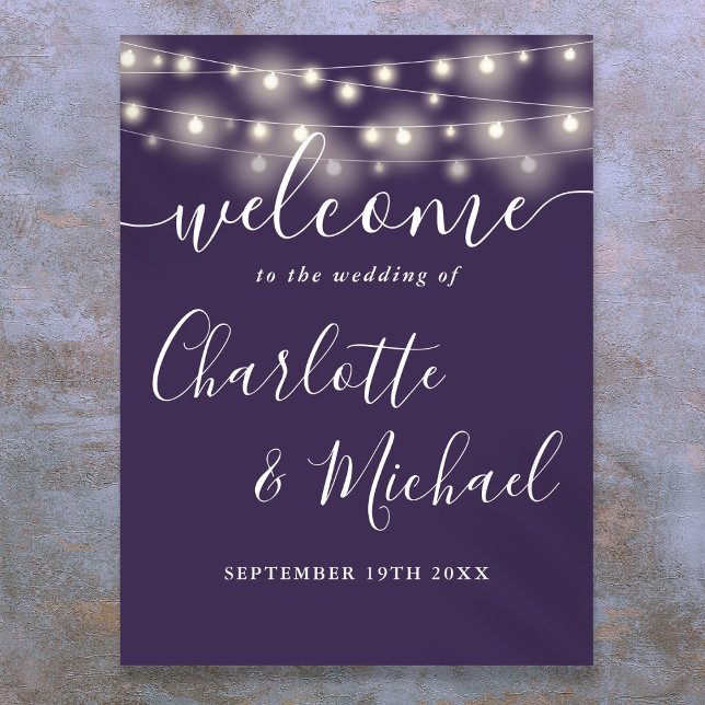 Purple String Lights Wedding Welcome Sign (Purple String Lights Wedding Welcome Sign)