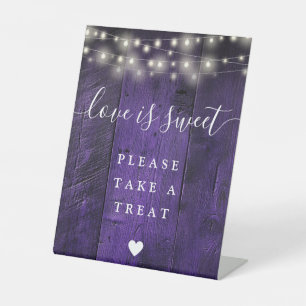 Purple String Lights Wood Love Is Sweet Favour Pedestal Sign